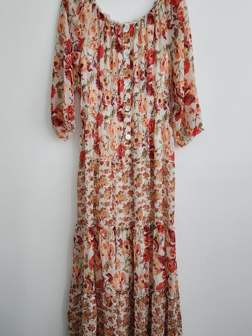 fig and flower Cream Floral Tiered Maxi Dress with Red Blossoms